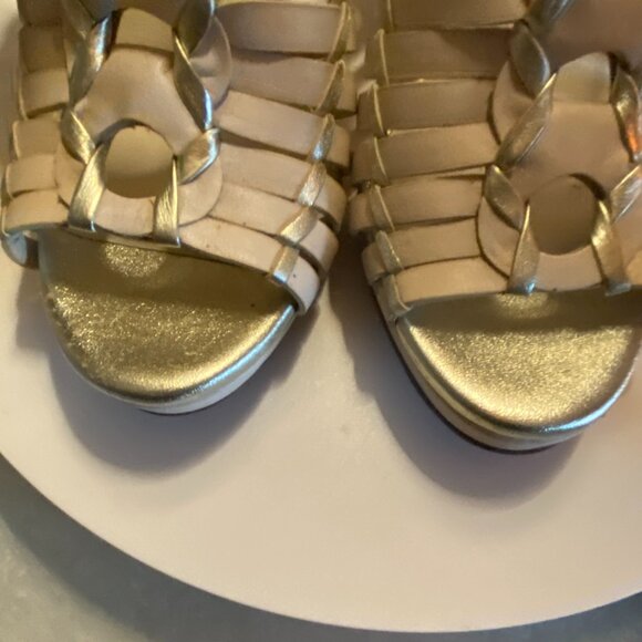 Cole Haan Nike Air Gold & Cream Leather Woven Wedge Sandals – Size 7B - Picture 6 of 16